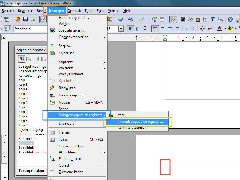 Inhoudsopgave maken in Open Office stap 8