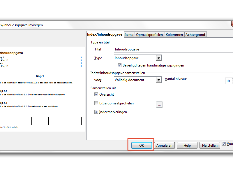 Inhoudsopgave maken in Open Office stap 9