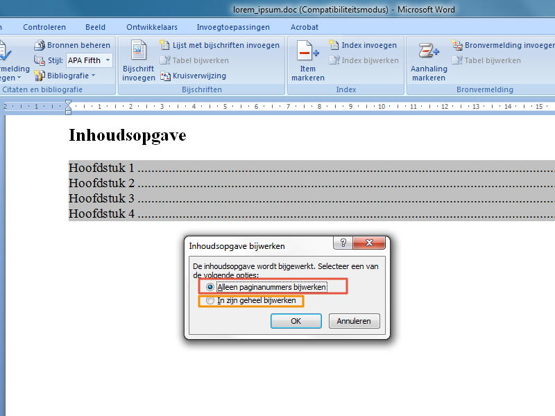 Inhoudsopgave maken in Office 2007 stap 12