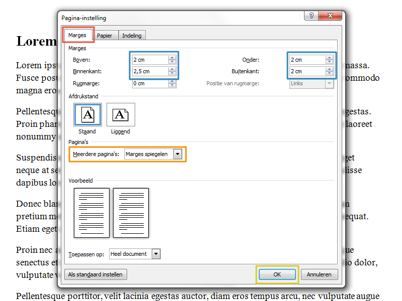 Marges instellen in Office 2010 stap 5