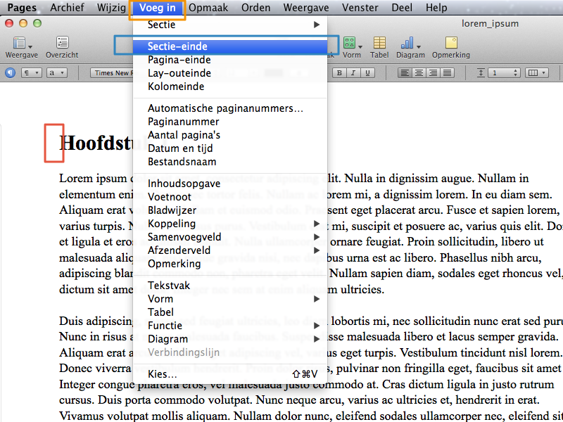 Werken met secties in Apple Pages stap 2