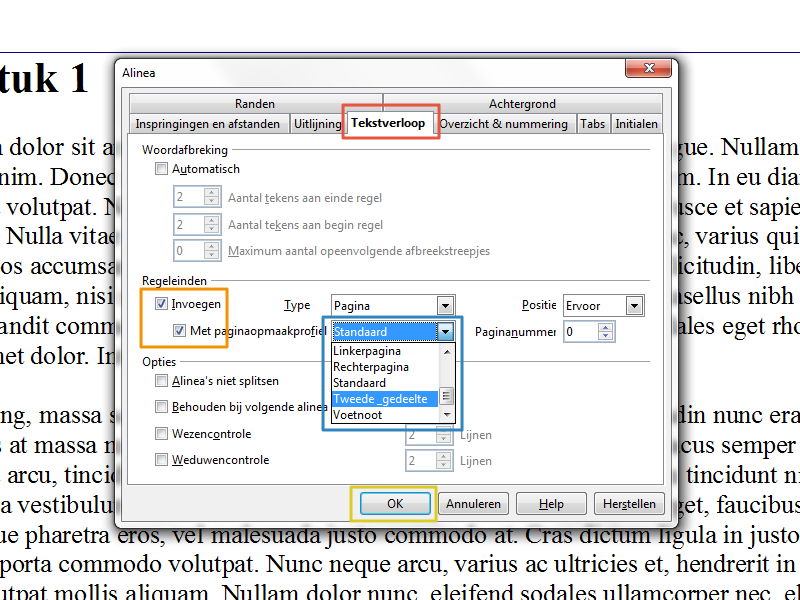 Werken met secties in Open Office stap 6