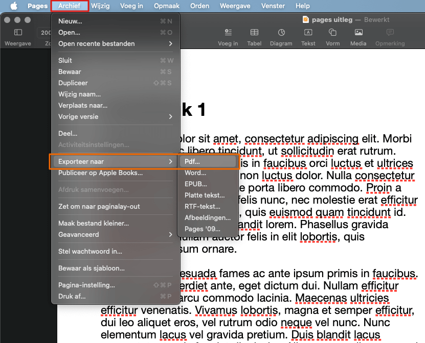 PDF exporteren vanuit Apple Pages - stap 1